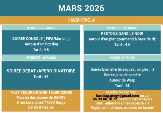 Les soirées Hashtag de mars 2026 à la Maison des Jeunes de Gergy